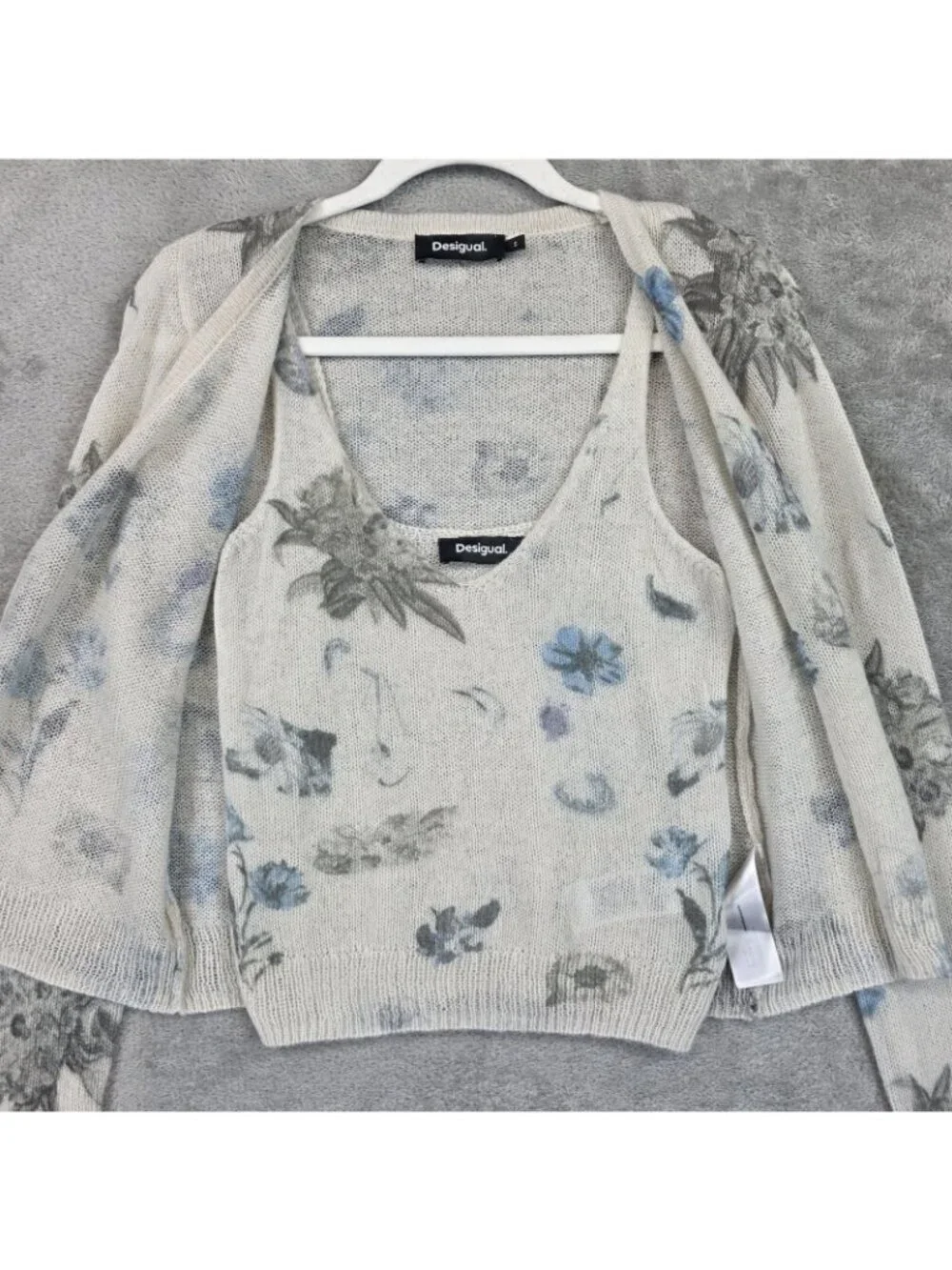 Desigual Cardigan Sweater Set Womens Small Cream Blue Floral Open Knit Sheer